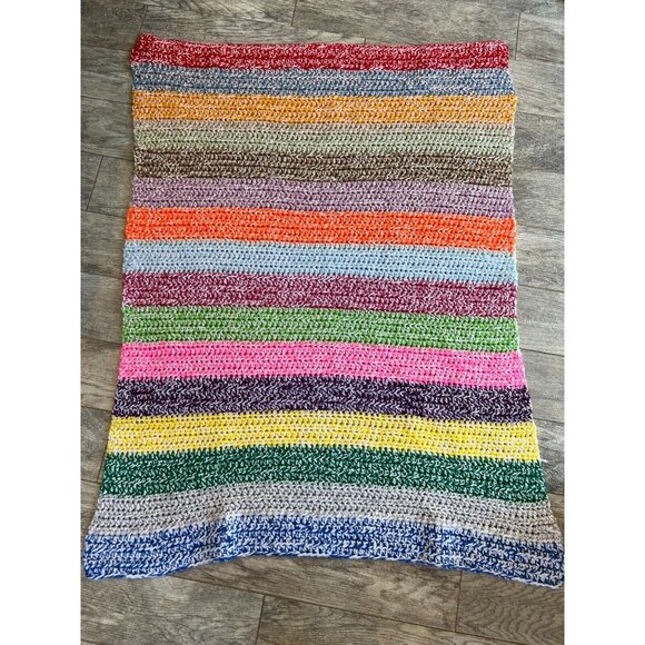 Crochet Afghan Baby Blanket 43" x 54" Rainbow Striped Knit Throw Bedding Nursery - Picture 6 of 7